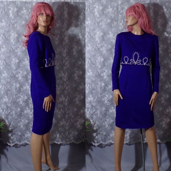 Vintage 80s Cocktail Dress 1980s Purple New Wave Retro Long Sleeve Size Small - Picture 1 of 6